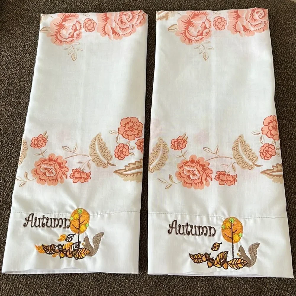 Set 2 Custom Autumn Embroidered White with Red/Brown Floral Accent Pillowcases